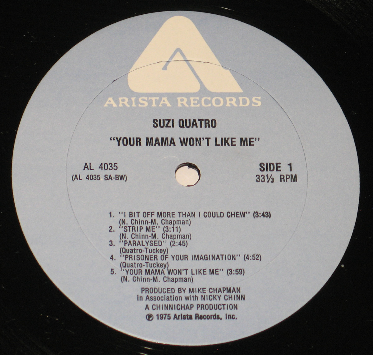 Close up of Side One record's label  SUZI QUATRO - Your Mama Won't Like Me